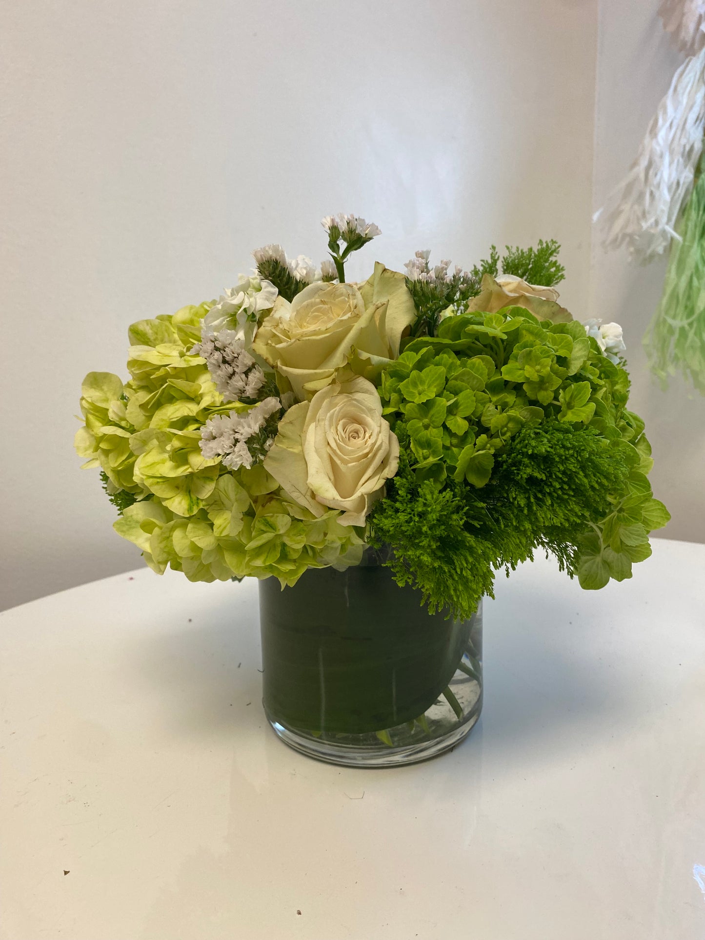 Low & Compact Green & White Flower Arrangement