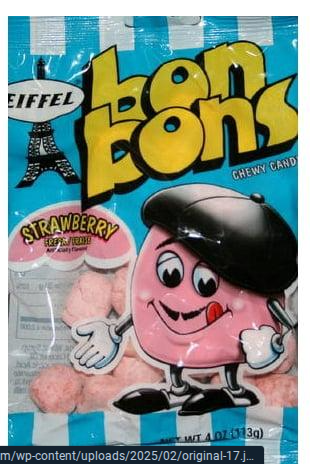 Packaging of Bon Bons chewy candy with a cartoon character on a blue and white striped background.