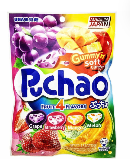 Uha Mikakuto Japan Puccho Puchao 4 Fruit Mix Grape Melon Strawberry Mango Chewy Candy with Crystals