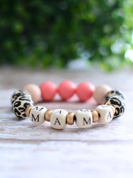 Leopard Print MAMA chunky word bead PINK Bracelets ~ Two and Crew
