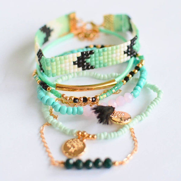 Beaded Boho Bracelet Stack with gold charms jewelry beach ~ Two and Crew