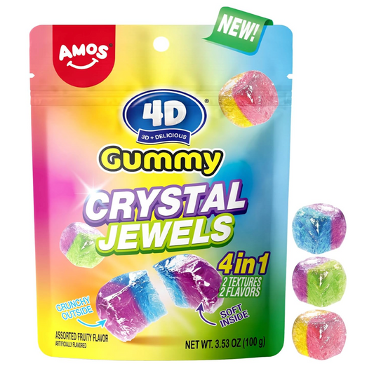 Amos 4D Crystal Jewels Gummy Candy | 2 Textures + 2 Flavors | Crunchy Outside, Gummy Inside