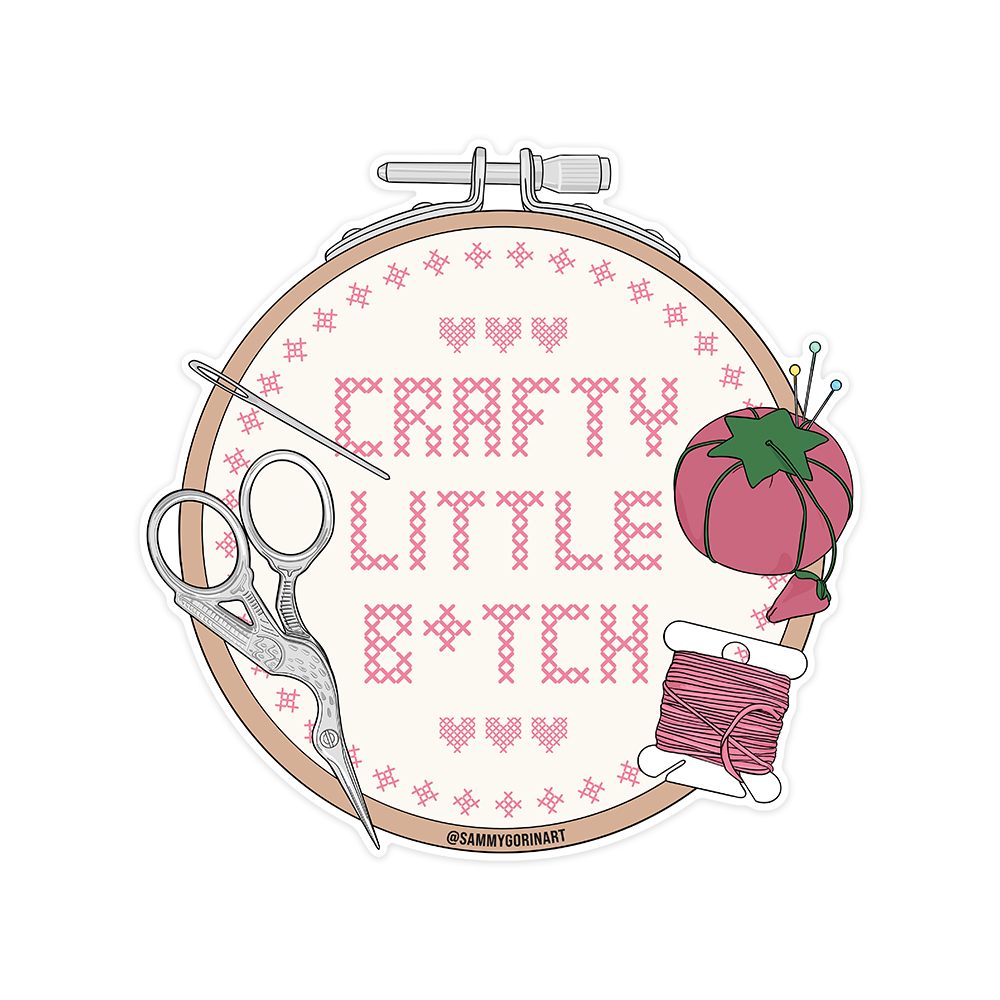 Crafty Little B*tch Cross Stitch Grandma Hobbies Sticker ~ Sammy Gorin LLC 