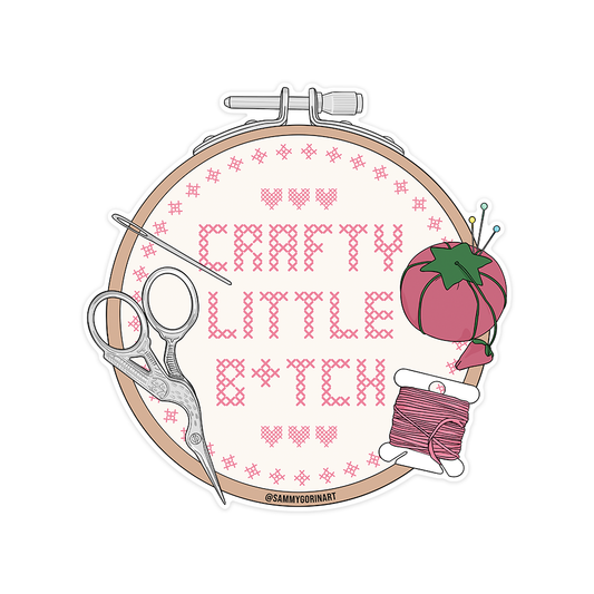 Crafty Little B*tch Cross Stitch Grandma Hobbies Sticker ~ Sammy Gorin LLC 
