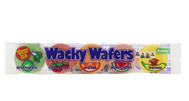 Wacky Wafers candy package with colorful design on a white background