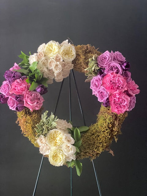 Moss Funeral Wreath with fresh flowers