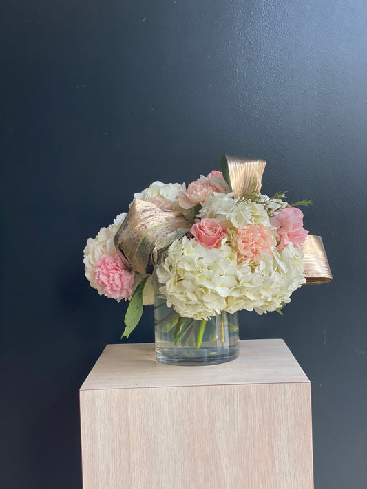 pink and white hydrangea arrangement